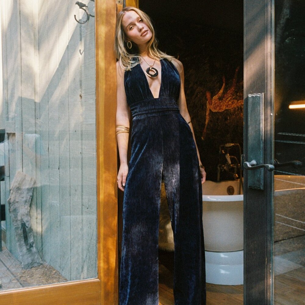 12th Tribe Limelight Midnight Velvet Halter Jumpsuit Size LL